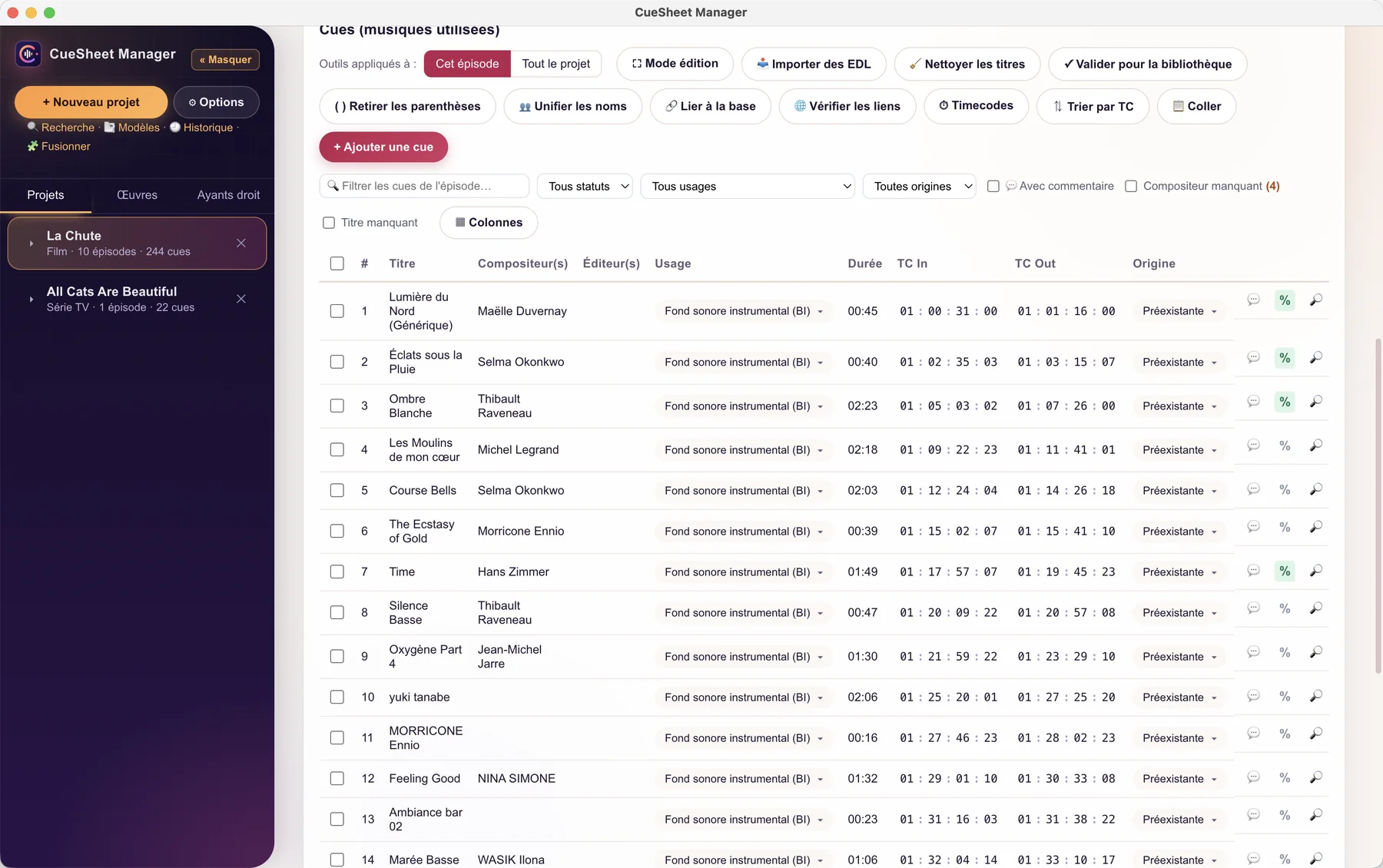 Capture d'écran de CueSheet Manager sur macOS : la liste des projets à gauche et le tableau des cues d'un épisode, avec titres, compositeurs, usages, durées et timecodes.